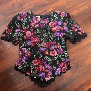 Vintage Floral Embroidered Black Top